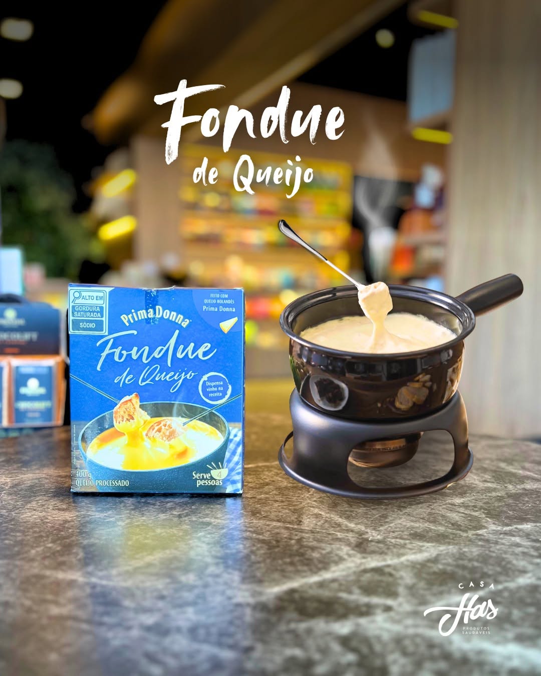 Kit de fondue de queijo vendido na Casa Has
